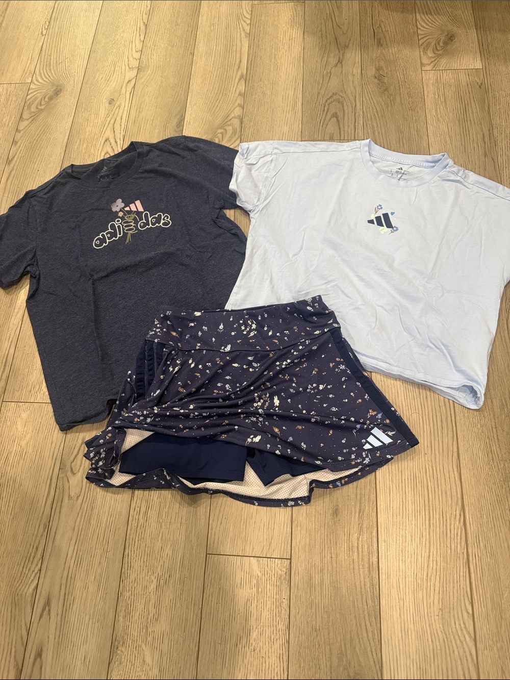 adidas Girls Navy Printed Skort with Light Blue Tee and Navy Logo Tee